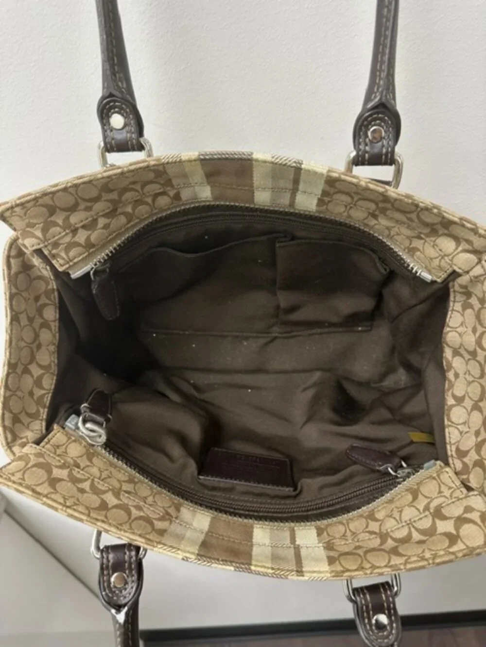 COACH 19915 Legacy Signature Stripe Candice Carryall Handbag Brown